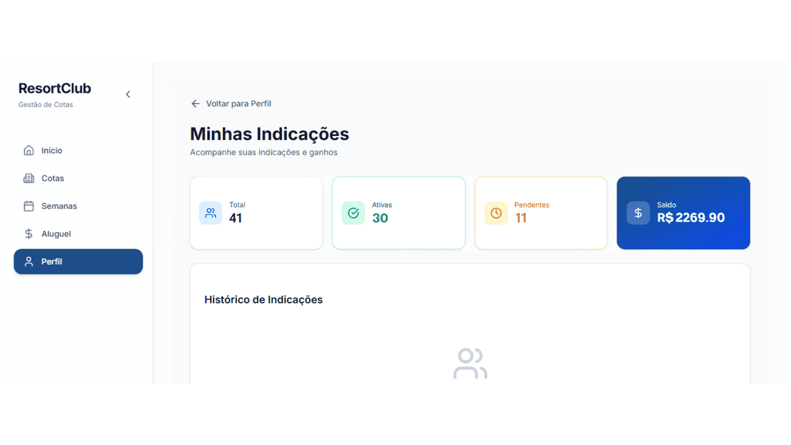 Dashboard de indicações e comissões