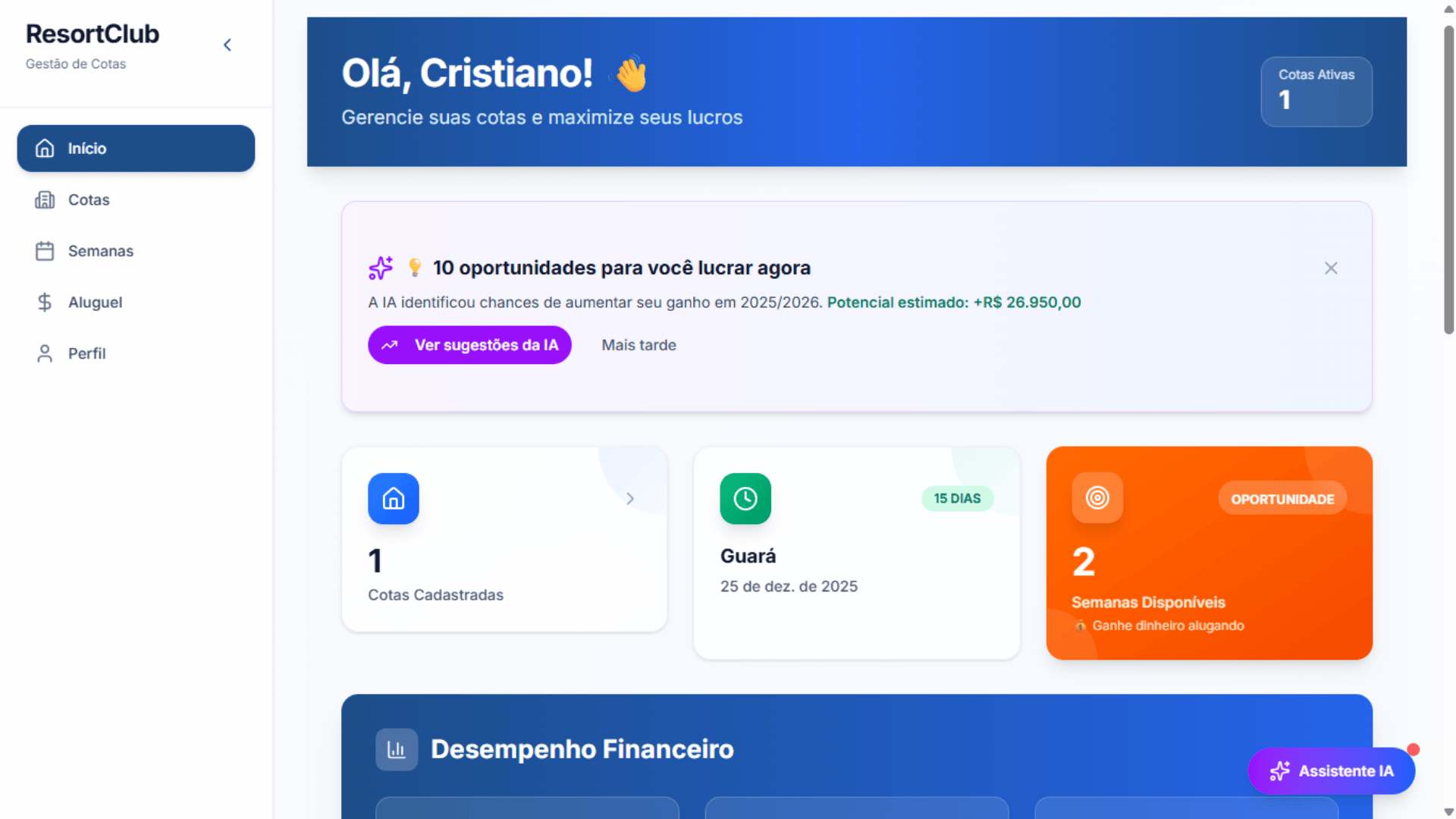 Dashboard ResortClub - Gerencie suas semanas
