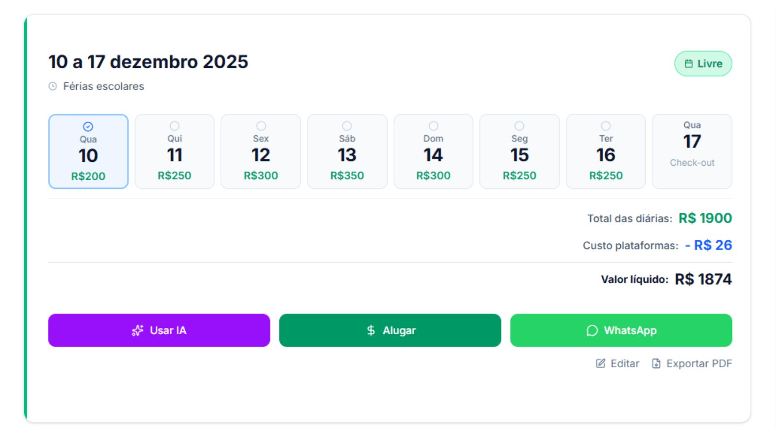 Calendário de semanas com status